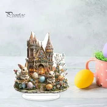 Пасхальный кролик, украшение 2D, плоский акриловый орнамент, многоуровневый поднос, украшение, фигурка кролика в замке, для фермерского дома, каминной полки, книжной полки, пасхальный декор разноцветный