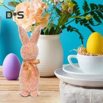 Пасхальный кролик, украшение из пенопласта, отдельно стоящая фигурка кролика, блестящий флокированный кролик, украшение стола для домашнего камина, обеденного стола, пасхальный декор розовый