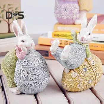 Пасхальный кролик, украшение, красочное яйцо, вязаная одежда, статуэтка кролика, скульптура животного, украшение для домашнего офиса, рабочего стола, орнамент синий
