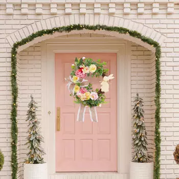 Пасхальный кролик венок цветок для входной двери реалистичный настенный подарок гирлянда из зеленых листьев