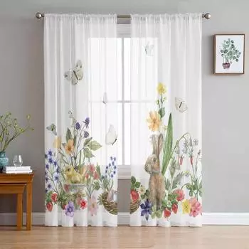 Пасхальный кролик, весенние цветы, бабочки, прозрачные шторы для гостиной, кухни, оконные шторы, тюлевые занавески для спальни, вуаль 135W x 114H(cm)