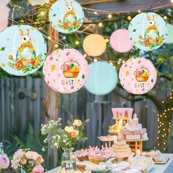 Пасхальный круглый бумажный фонарь диаметром 11,81 дюйма с принтом пасхального кролика, подвесной фонарь, китайский японский бумажный фонарь для домашнего ресторана, пасхальный декор синий