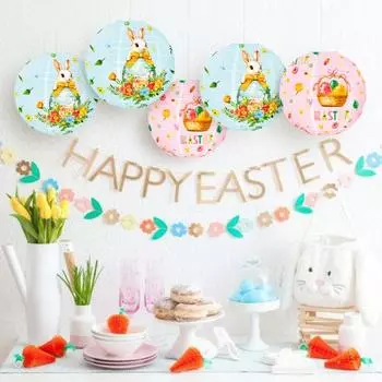 Пасхальный круглый бумажный фонарь диаметром 11,81 дюйма с принтом пасхального кролика, подвесной фонарь розовый