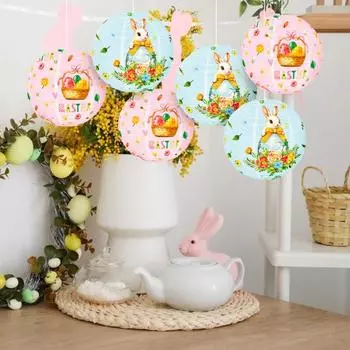 Пасхальный круглый бумажный фонарь диаметром 11,81 дюйма с принтом пасхального кролика в виде яйца, подвесной фонарь в китайском стиле розовый