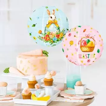 Пасхальный круглый бумажный фонарь диаметром 11,81 дюйма с принтом пасхального кролика, подвесной фонарь, китайский японский бумажный фонарь для домашнего ресторана, пасхальный декор синий