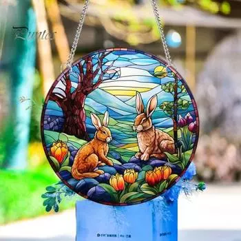 Пасхальный приветственный знак, милый цветной кролик, пасхальное яйцо, цветок, двухсторонний узор, круглый акриловый дверной знак, подвеска для входной двери фермерского дома, крыльца A