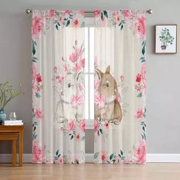 Пасхальный Ретро Кролик Цветочный Плед Тюлевые Шторы для Гостиной Прозрачные Шторы для Спальни Кухонные Жалюзи Вуаль Шторы 135W x 114H(cm)