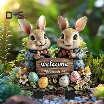 Пасхальный садовый колышек 2D акриловый декоративный колышек для двора с кроликом из мультфильма, цветные яйца, приветственный знак, колышек, садовые аксессуары для газона и крыльца A