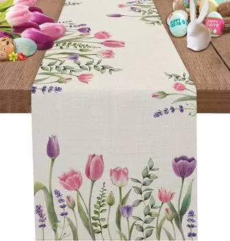 Пасхальный тюльпан, цветы лаванды, льняная дорожка для стола, праздничный декор для свадебной вечеринки, весенние листья эвкалипта, дорожки для стола, декор стола 150x33cm 59x13inch тюльпан