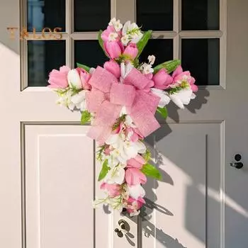 Пасхальный венок, искусственный венок из тюльпанов с бантом, весенняя цветочная гирлянда из марли, приветственный знак на входной двери для украшения праздничной вечеринки розовый