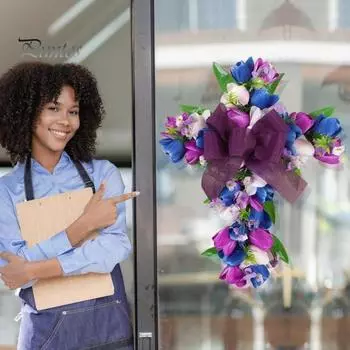 Пасхальный венок, искусственный венок из тюльпанов с бантом, весенняя цветочная гирлянда из марли, приветственный знак на входной двери для украшения праздничной вечеринки фиолетовый