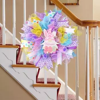 Пасхальный венок с гномом на входную дверь, пасхальный венок с гномом в виде кролика, цветной сетчатый венок для каминного стола, центральное украшение на стену, декор разноцветный