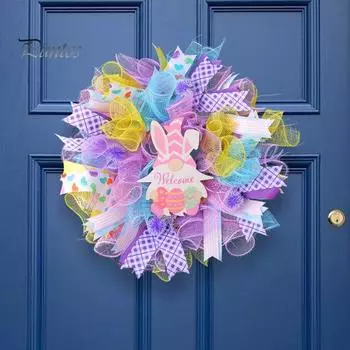 Пасхальный венок с гномом на входную дверь, пасхальный венок с гномом в виде кролика, цветной сетчатый венок для каминного стола, центральное украшение на стену, декор разноцветный