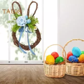 Пасхальный венок, венок из веток пасхального кролика с искусственными цветами, яйцами, весенняя гирлянда для входной двери для праздничного внутреннего и наружного декора синий