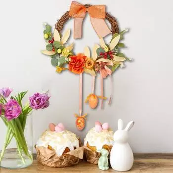 Пасхальный венок, венок из веток пасхального кролика с искусственными цветами, яйцами, весенняя гирлянда для входной двери для праздничного внутреннего и наружного декора
