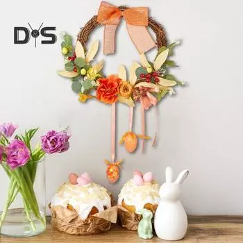 Пасхальный венок, венок из веток пасхального кролика с искусственными цветами, яйцами, весенняя гирлянда для входной двери для праздничного внутреннего и наружного декора синий