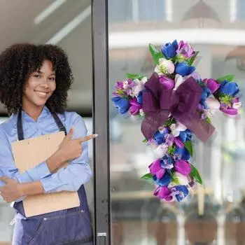 Пасхальный венок Yousheng, искусственный венок из тюльпанов с бантом, весенняя цветочная марлевая гирлянда, приветственный знак на входной двери для праздничного декора