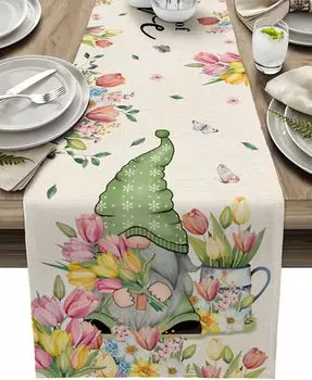 Пасхальный весенний гном тюльпан цветы льняная дорожка на стол комод шарф цветущие цветы обеденный стол дорожки праздничный декор для вечеринки 150x33cm 59x13inch