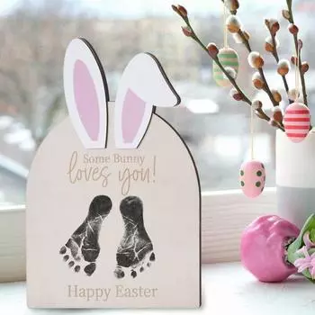 Пасхальный знак с отпечатком ноги ребенка своими руками, деревянный знак с отпечатком ноги ребенка, с чернильной подушечкой, памятная доска для малышей, пасхальный декор для малышей розовый