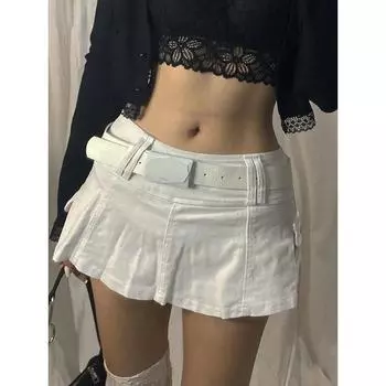 Пастельные готические микро-юбки с низкой талией Y2K, уличная одежда, карманы Acubi, лоскутная юбка трапециевидной формы, Эстетическая одежда для девочек, на молнии S белый