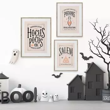 Пастельный Хэллоуин Салемская ведьма Ретро набор плакатов Колдовство абстрактные принты Современная картина на холсте Гостиная Скандинавский домашний декор 21cm30cm NoFrame