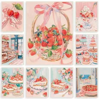 Pastel Strawberry Basket Watercolor Poster Cake Desserts Canvas Painting Trendy Wall Art Girly Kitchen Room Home Decor Mural 21cm30cm NoFrame