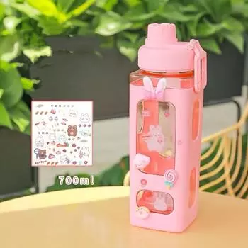 Pastel Water Bottle with 3D Sticker 700ml Plastic Travel Tea Juice Milk Portable Cute Shaker Drink Bottle Gift 700ml розовый