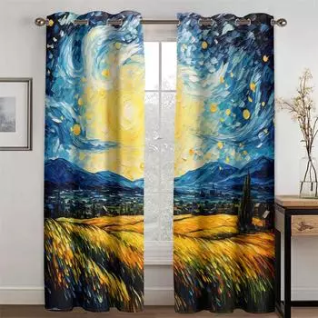 Pastoral Life Landscape Decorative Curtains Oil Painting Style 2 Piece Set Living Room Bedroom Office Window Decorative Curtains 50W130H(CM)X2PCS&Grommet Top