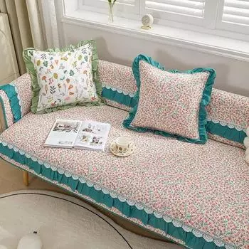 Пасторальные цветочные хлопковые подушки для дивана с кружевными краями, удобные нескользящие диванные полотенца, утолщенные, универсальное украшение для гостиной 70x70cm 1pcs