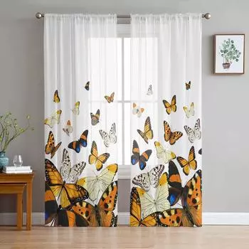 Пасторальные градиентные прозрачные шторы с бабочкой для гостиной, спальни, тюлевые занавески для кухни, вуаль, шторы, жалюзи, панели 135W x 114H(cm)