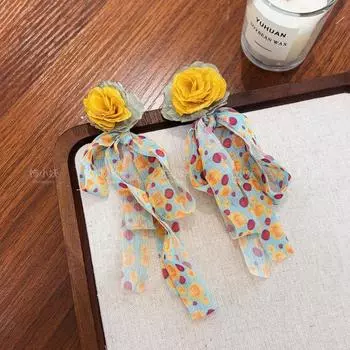 Пасторальный пейзаж ~ Супер фея милые красивые цветы серьги банты лента горошек серьги 2025 новые серьги Yellow