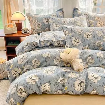 Пасторальный стиль Ins Style Duvet Set Комплект постельного белья Маленький цветочный. Теплая и утолщенная двухслойная простыня и одеяло из хлопка для стирки 150x200 3pcs