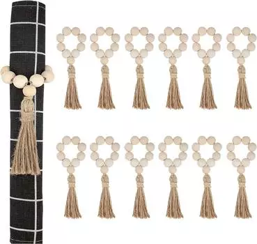 Pastoral Wood Bead Fringed Napkin Ring Elastic Napkin Buckle Adjustable Hand-Woven Hemp Rope Napkin Ring Pack of 4