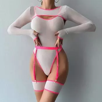 Pastorkova 2024 Новый женский боди, сексуальный прозрачный сетчатый топ, 5 предметов, 5 цветов, голый наряд с чокером, женский комплект Тедди L