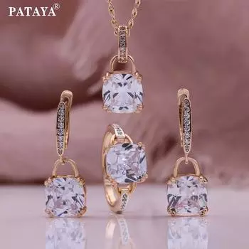 PATAYA Белый квадратный искусственный циркон Серьги Кольцо Ожерелье Комбинированный набор