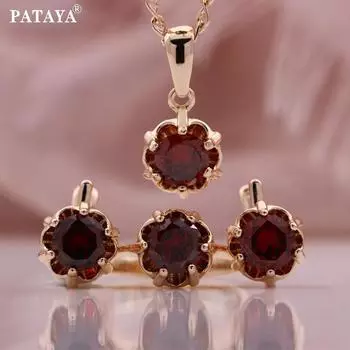 PATAYA Цвет Розового Золота Цветочный Стиль Красный Искусственный Циркон Серьги Кольцо Подвеска Цепи Комбинированный Набор