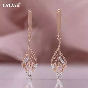 PATAYA Цвет розового золота и белое покрытие Искусственный циркон в форме листьев Милые серьги