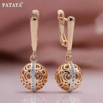 PATAYA, двухцветные уникальные сферические длинные висячие серьги из искусственного циркона, женские полые серьги цвета розового золота