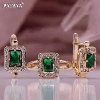 PATAYA Геометрический тренд Цвет розового золота Комплект полых серег и колец Квадратный зеленый комплект из искусственного циркона Noble