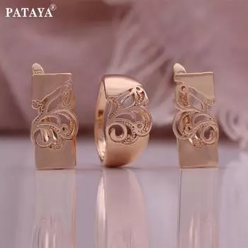 Комплект из сережек и колец PATAYA из розового золота с выемкой и прямоугольной огранкой 7