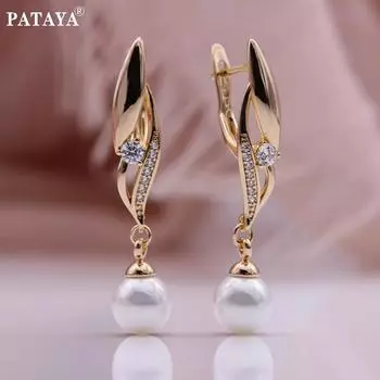 PATAYA круглые искусственные жемчужные ракушки, длинные висячие серьги цвета розового золота, инкрустация микровоском, искусственный циркон, серьги-капли