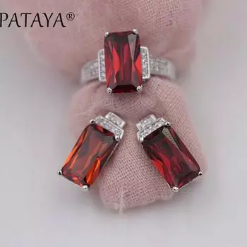 PATAYA квадратные зеленые серьги с натуральным цирконием, наборы колец для женщин, свадебный романтический комплект 7 белый