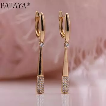 PATAYA Новые розовые золотые женские необычные серьги с искусственным цирконом, свадебный подарок, глянцевые квадратные длинные висячие серьги