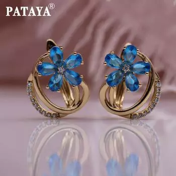 PATAYA новые синие серьги с каплями воды и цветами, висячие серьги цвета розового золота, женские полые обручальные модные украшения