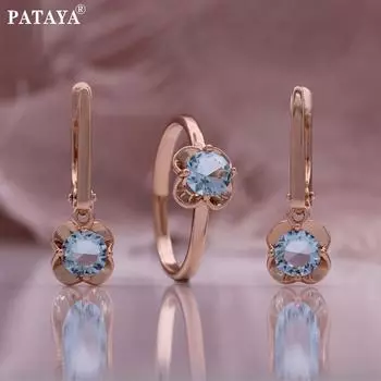 PATAYA Покрытие цвета розового золота Инкрустации Голубые серьги и кольца из искусственного циркона Комбинированный набор 7