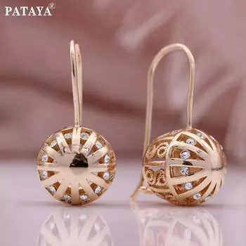 PATAYA розовое золото Цвет искусственный циркон Серьги-капельки в форме шарика полые серьги с рыбным крючком