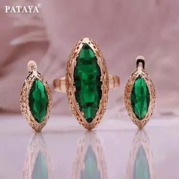 PATAYA Розовое Золото Цвет Зеленый Искусственный Циркон Конский Глаз Форма Серьги Комбинированный Набор Кольца 9