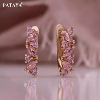 PATAYA Розовый искусственный циркон цвета розового золота Прямоугольная форма Геометрические милые серьги