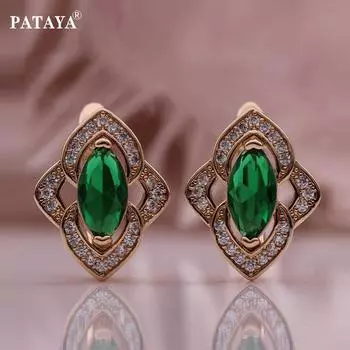 PATAYA Серьги из искусственного циркона цвета розового золота с конским глазом изумрудно-зеленого цвета
