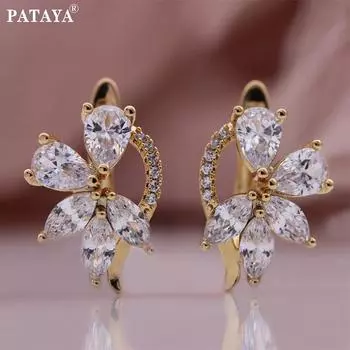 PATAYA Серьги из розового золота с белым цирконом, украшенные цветами, французские серьги